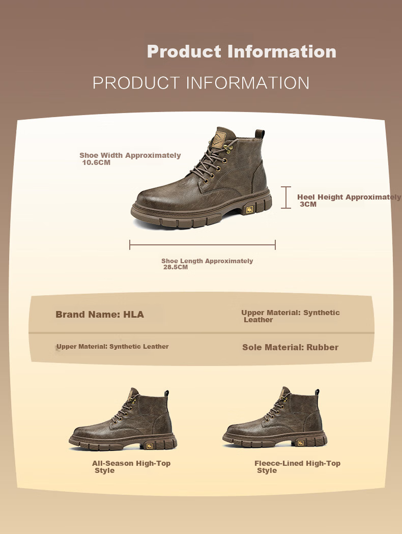HLA Men's Martin Boots Outdoor Retro Casual Autumn Winter Work Shoes HAAGMM4AB20408 Black Fleece Lined Size 39 12