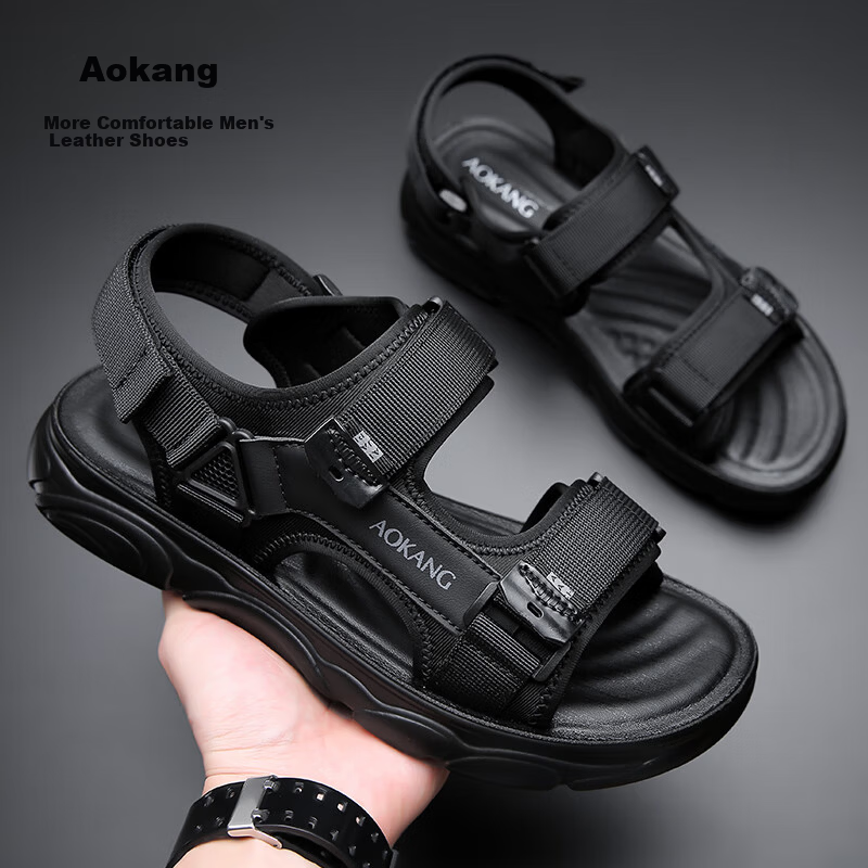 Aokang Men's Beach Sports Sandals Casual Velcro Sandals Black Size 40
