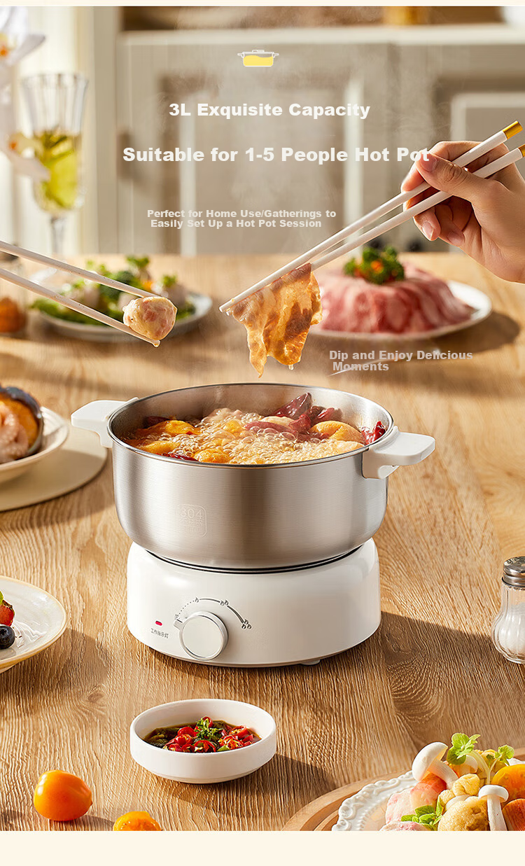 Liven Little Steel Man 304 Stainless Steel Electric Hot Pot Small 2-3 Person Electric Cooking Pot Detachable Non-Coated 3L Travel Hot Pot DHG-J346 10