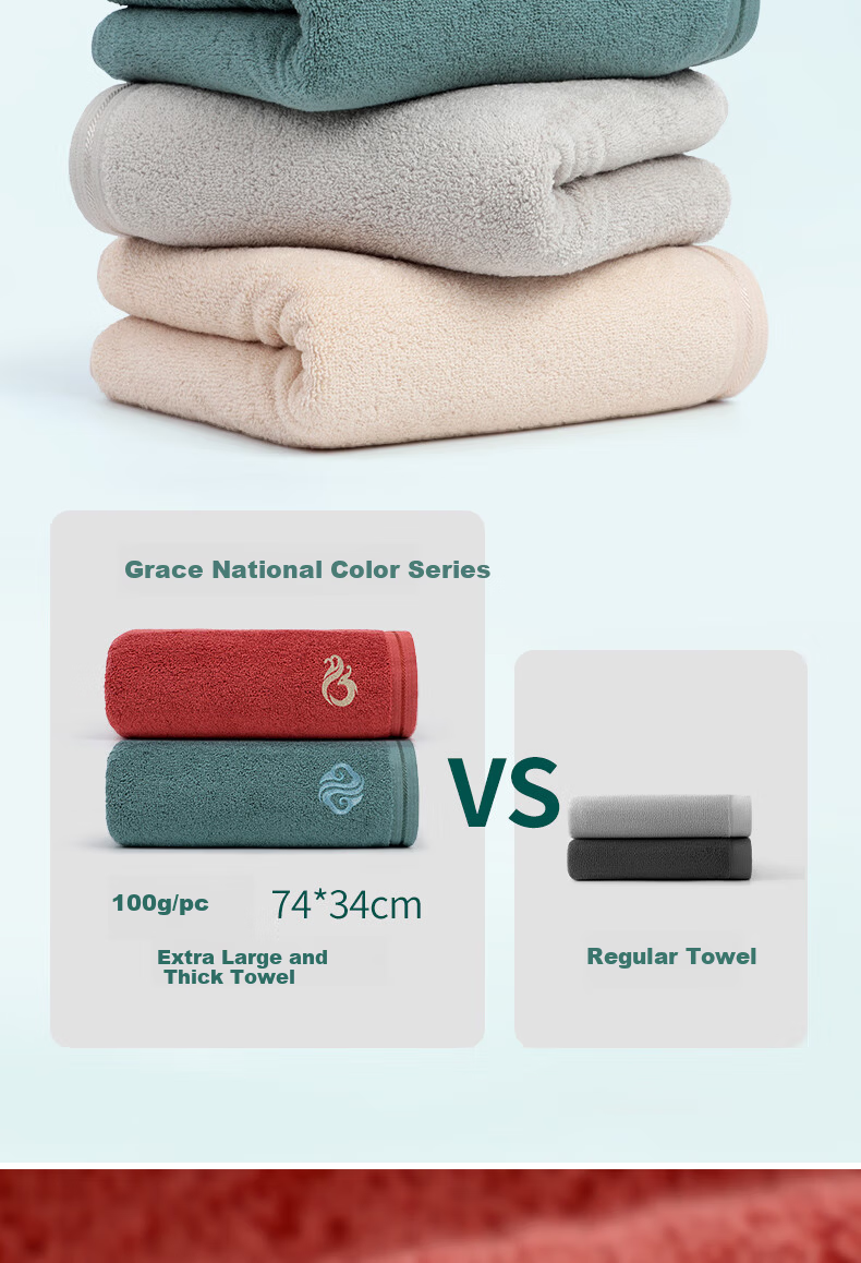 Grace Pure Cotton Towel 7A Antibacterial Face Towel 2-Pack Home Use Face and Bath Towel 100g Red Green Sports 6