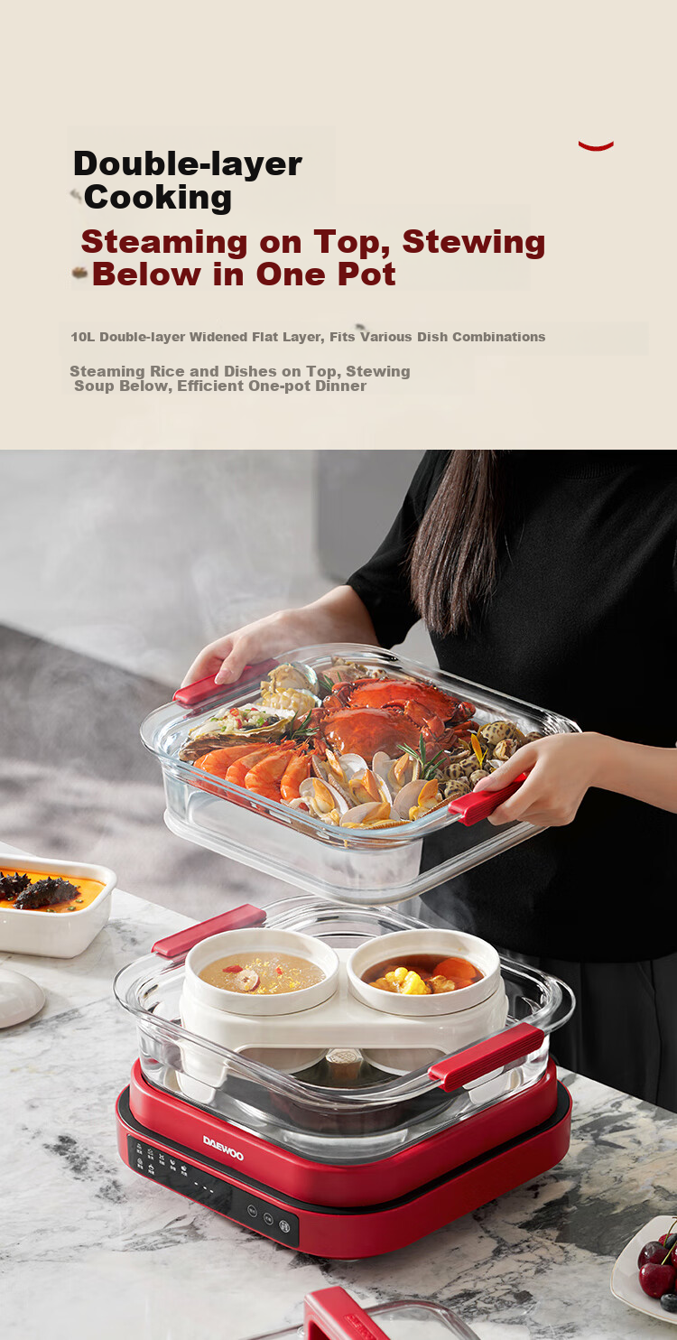 DAEWOO Wanshi Electric Steamer Thickened High Borosilicate Glass Multifunctional Stew Steam Cook 3-in-1 Steam Pot Grill Hot Pot Stainless Steel S31 Red 12
