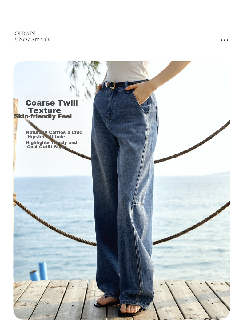 Olrain Tencel Denim Cotton Loose Wide-Leg Curved Hem Floor-Length Jeans Women's Spring Blue M 11