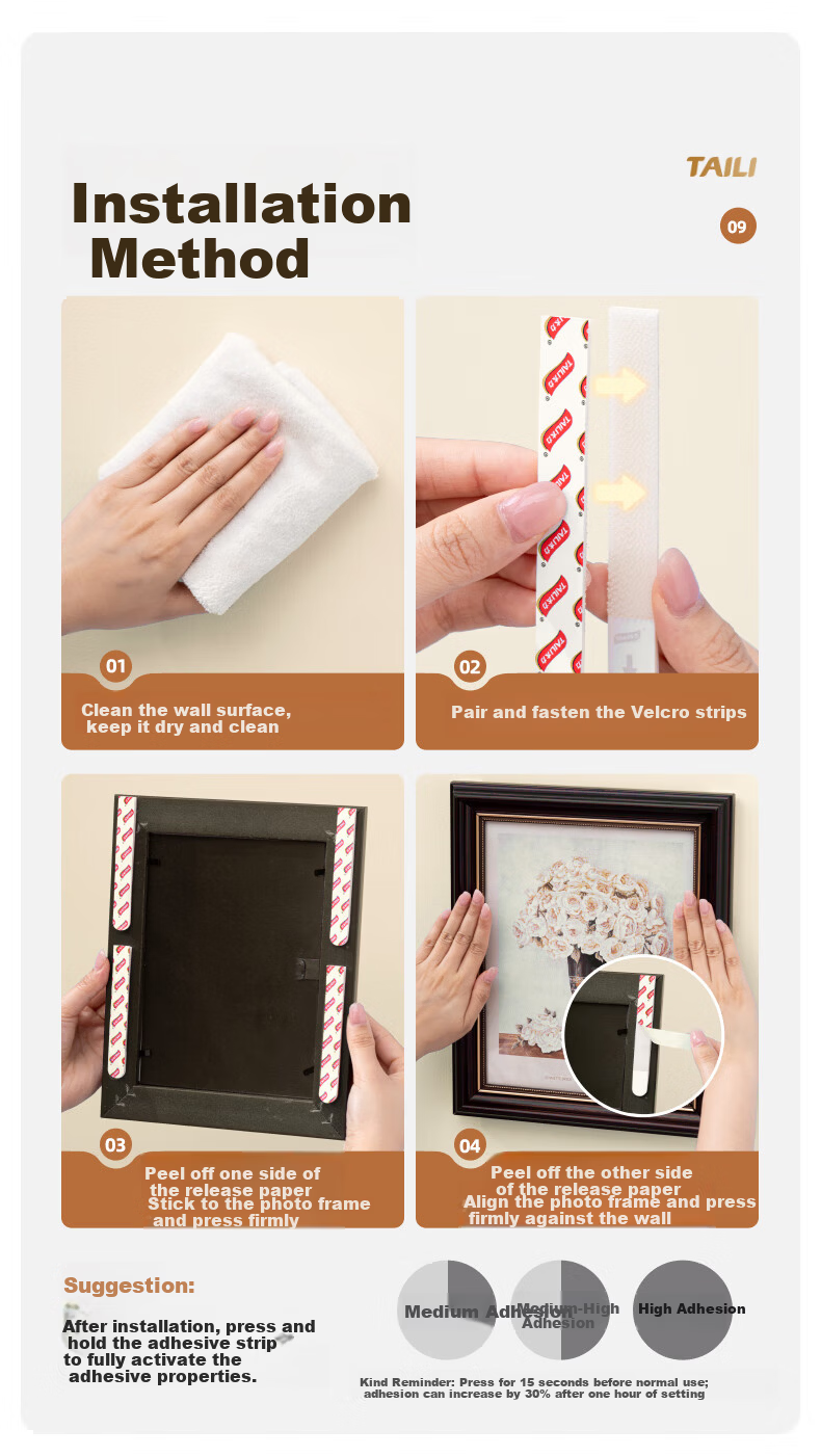 Taili Universal Magic Hook Picture Frame Hanger Large 5 Pairs No-Drill Wall-Friendly Adhesive 9