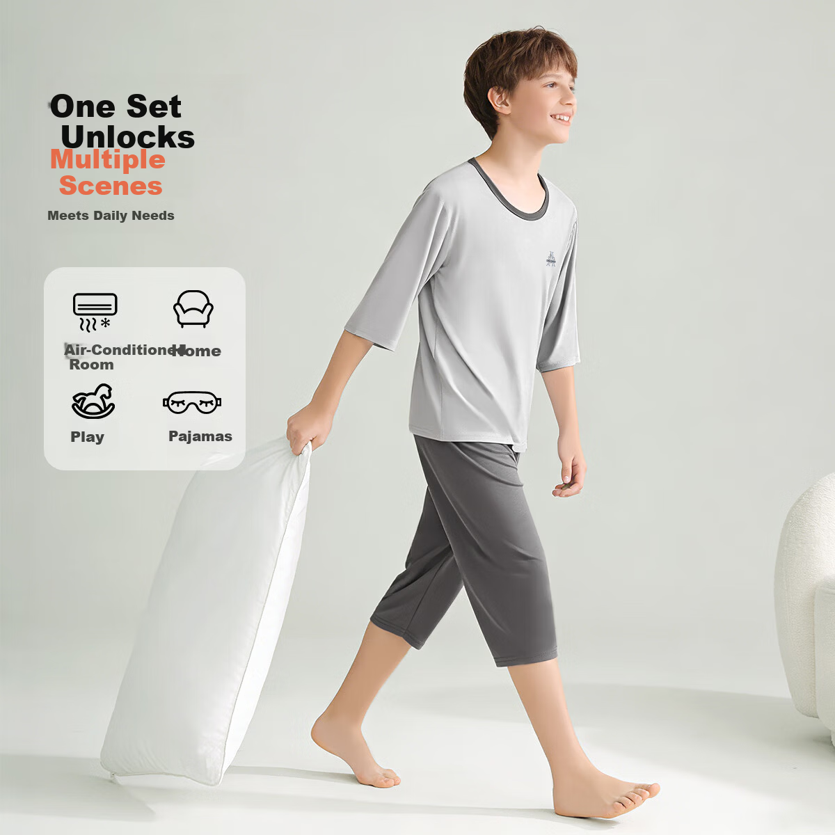 Yiershuang Boys' Summer Thin Pajama Set Children's Sleepwear Comfortable Home Air Conditioning Clothes for Older Kids and Teen Boys