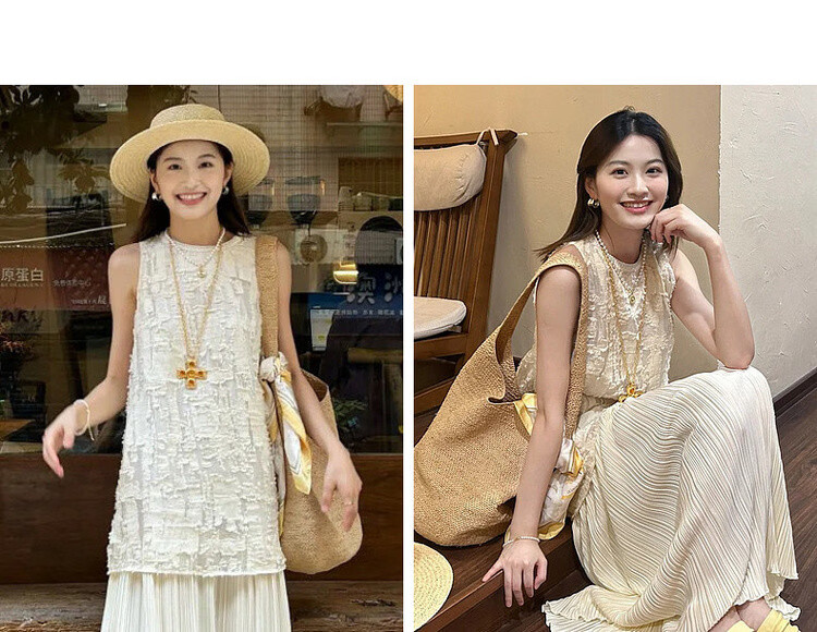 MT "Flowing Moonlight" Summer Small Chanel Style Cutwork Texture Sleeveless Spliced Pleated Hem Dress for Women High-End Feel 8
