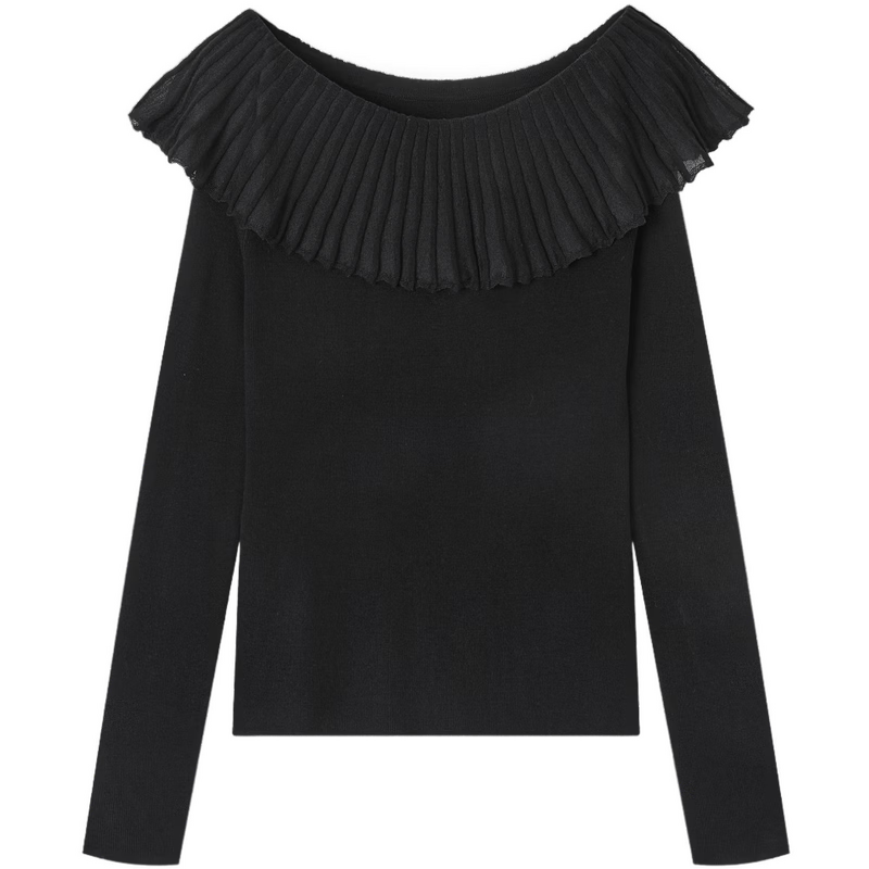 Demana Women's Elegant Spring Off-Shoulder Ruffle Slim Fit Knit Sweater with Mulberry Silk and Wool