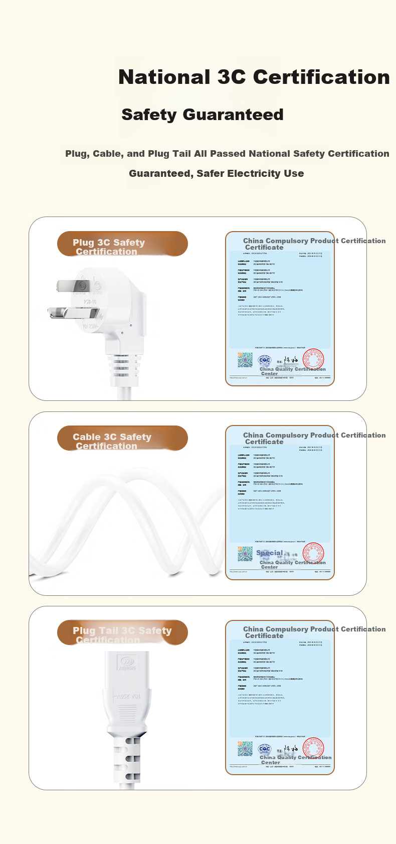 BIAZE 1m White Computer Power Cable Universal National Standard Three-Prong Plug for Rice Cooker Desktop Case Monitor Printer Power Adapter Cord 2