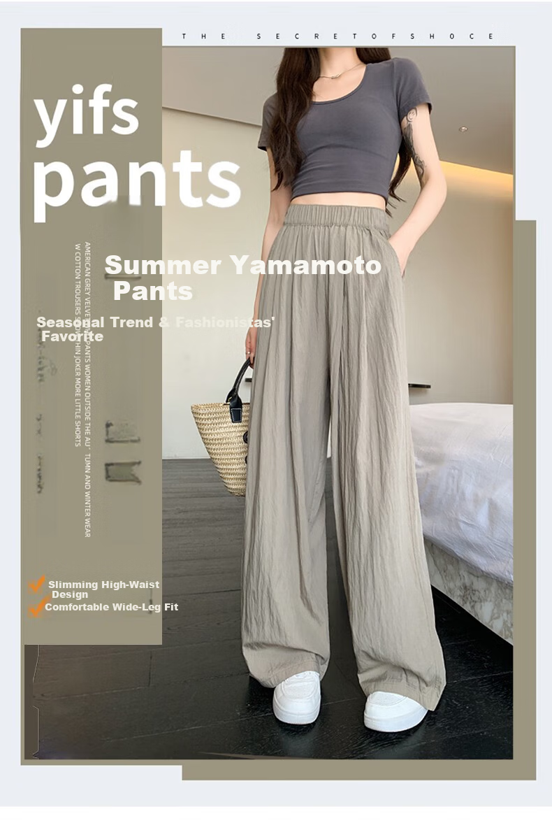 LangSha Ice Silk Wide-Leg Pants for Women, Summer High-Waisted Draping Straight Cotton Linen Casual Trousers, Japanese-Style Yamamoto Pants, Women's Lazy Style 1