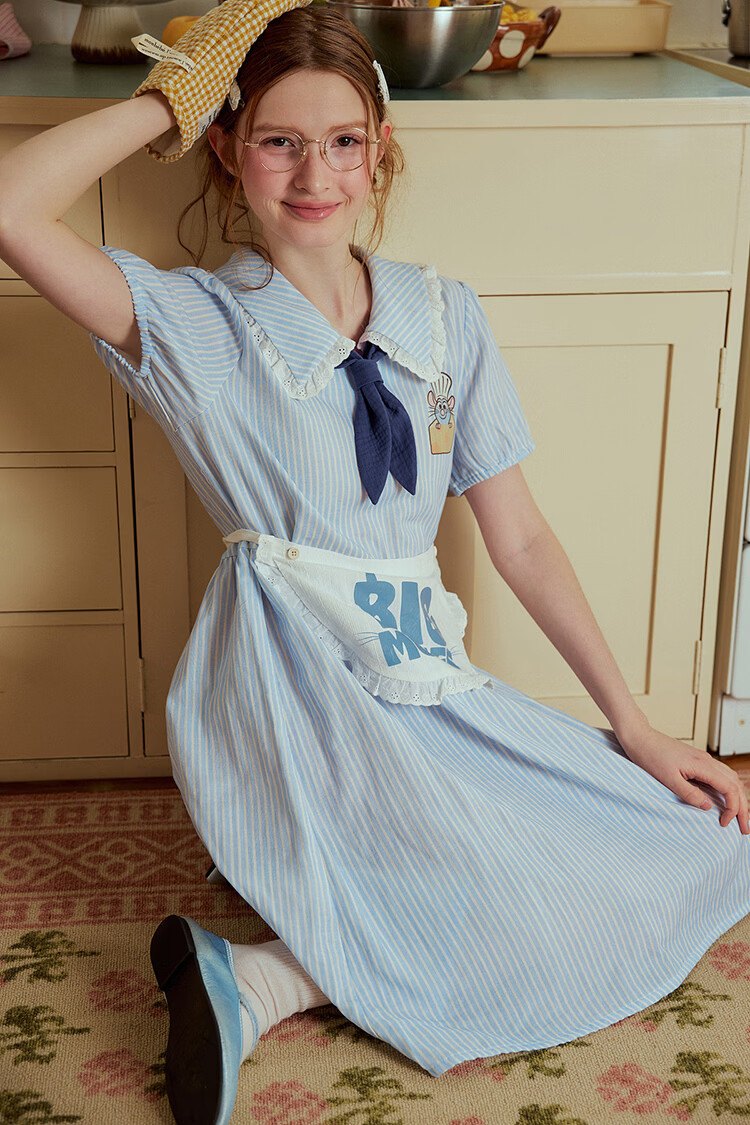 Gukoo Women's Summer Pajamas Ratatouille Doll Collar Nightdress Pure Cotton Jumpsuit Homewear Set Light Mist Blue S 28