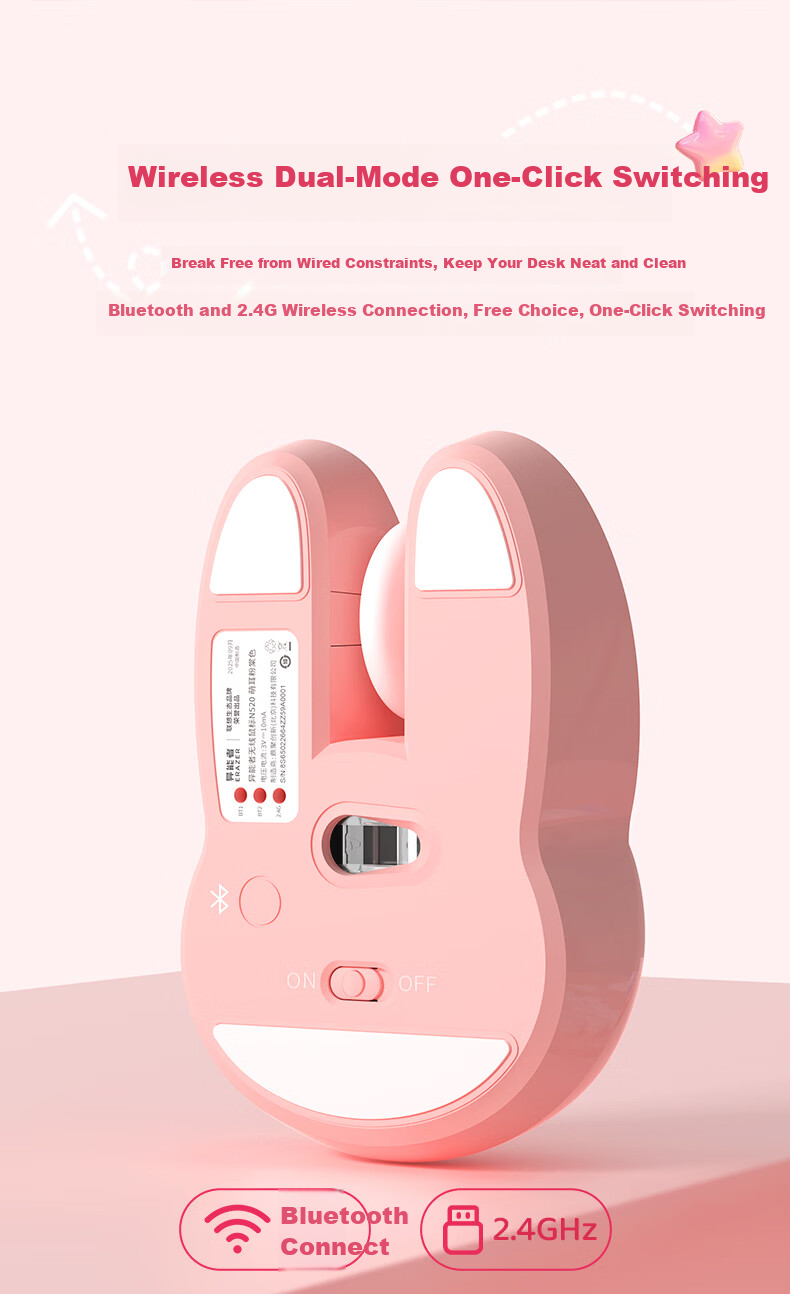 Lenovo Ecosystem Brand Yinen Wireless Mouse Dual-mode 2.4G Bluetooth Cute Rabbit Design Lightweight Silent Office Home Use Compatible with Laptop and Desktop Rose Gold N520 1