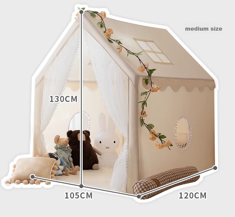 Mushroom Elephant Kids Tent Indoor Playhouse Birthday Gift Beige House PVC Poles Medium Size + Thick Cotton Mat + Bouquet + Bunting Flags 10