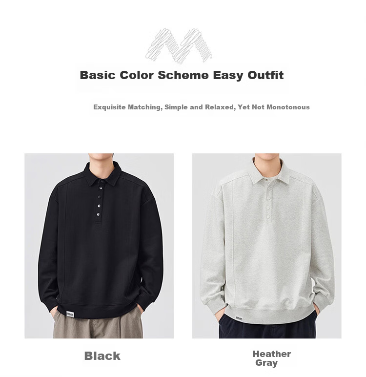 MARK FAIRWHALE Men's Sweatshirt Spring and Autumn Casual Jacket Long Sleeve Polo Shirt Men's T-Shirt Top Heather Gray XL 3