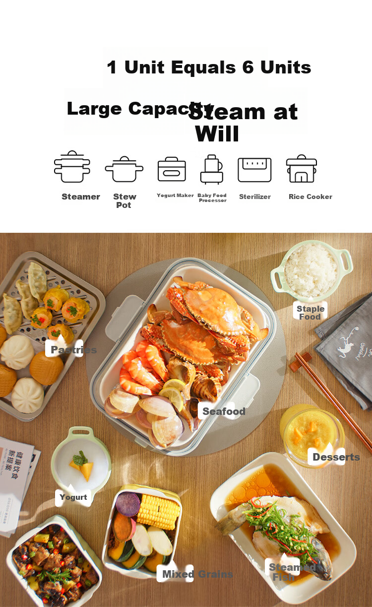 Buydeem Electric Steamer Multi-Function Steamer Cooker with Timer and Keep Warm, Large Capacity Double Layer, Suitable for Babies (G5541 + Ceramic Large Stew Pot + 2 Piggy Boxes) 1