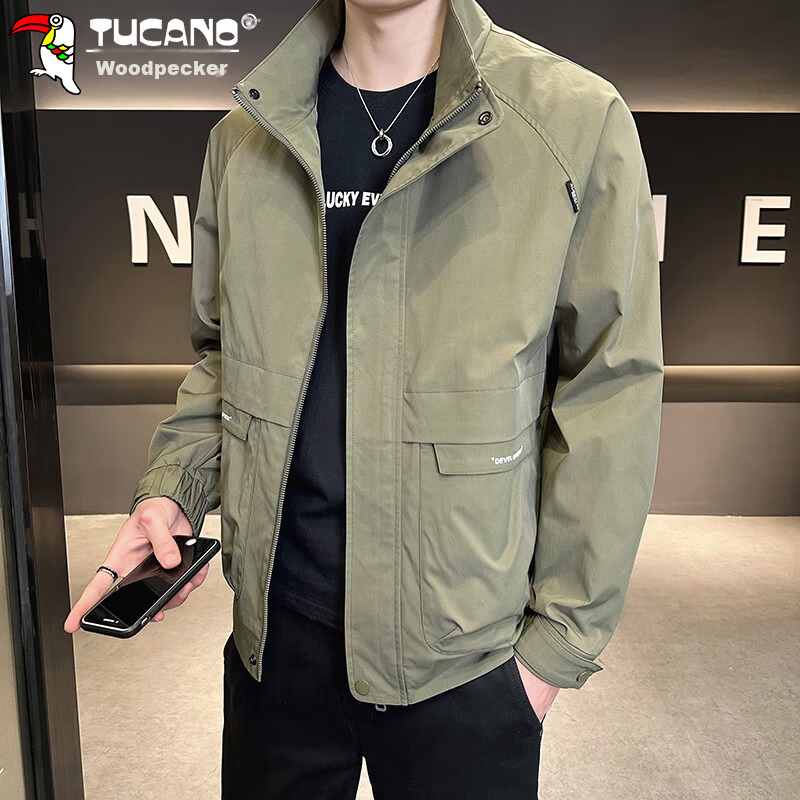 TUCANO Men's Spring Autumn Stand Collar Casual Workwear Korean Style Windproof Jacket Military Green L