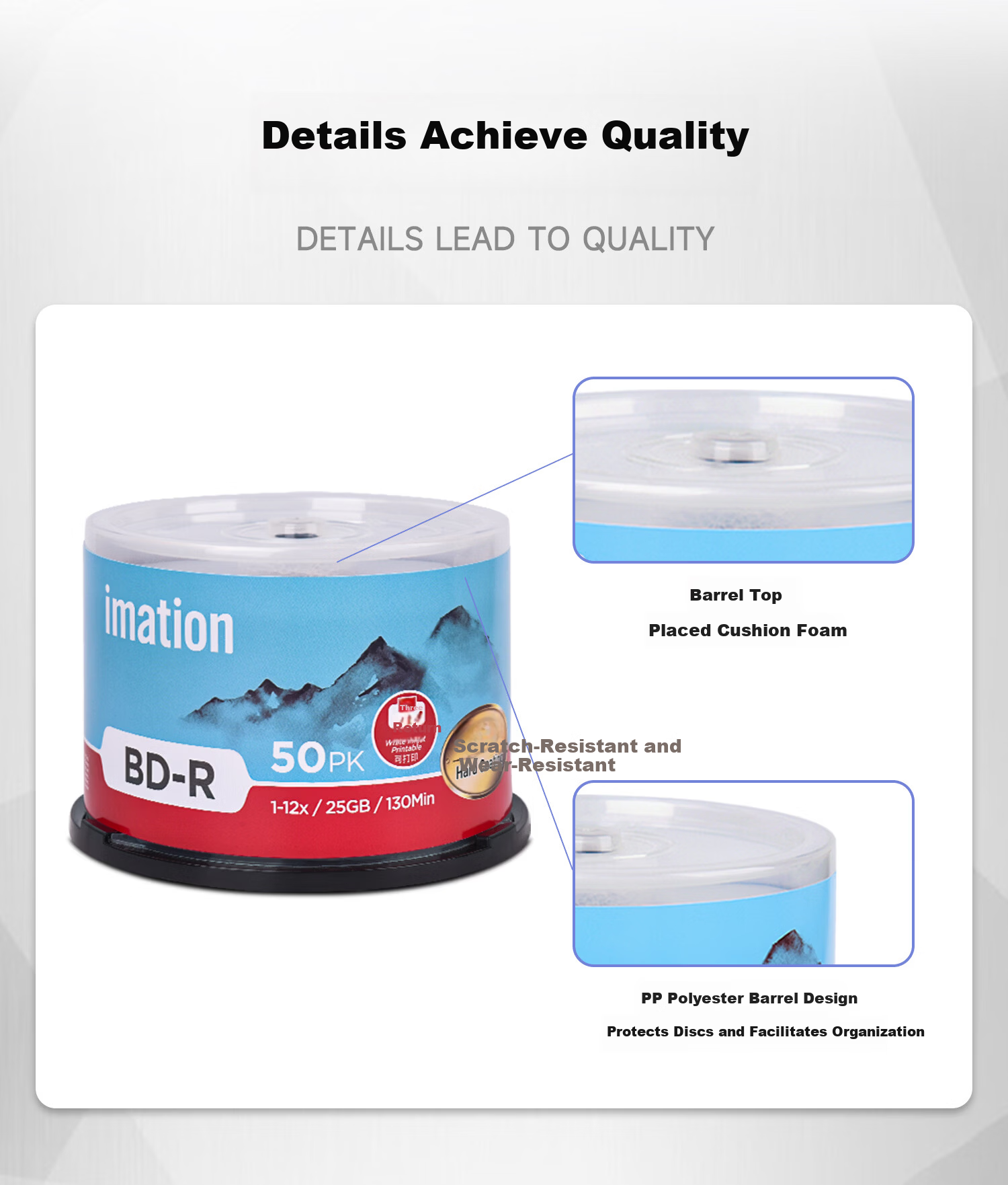 IMATION Laide BD-R Blu-ray 25GB 12X High Capacity Waterproof Quick-Dry Printable Blank Disc Customizable Surface Video Archive Storage 50-Pack Spindle 7