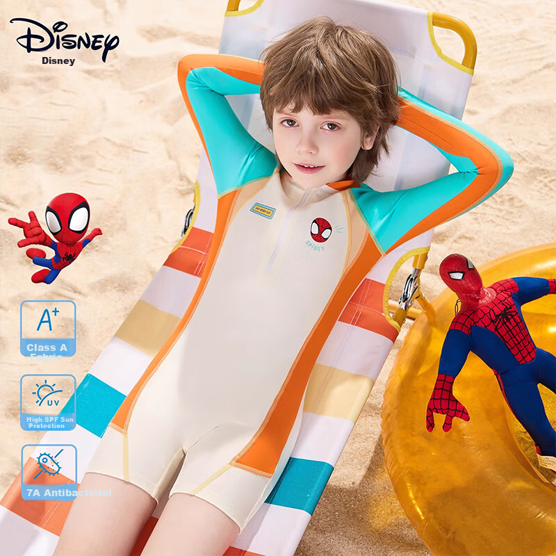 Disney Kids Boys Long Sleeve One-Piece Professional Training Swimsuit D35411 Beige Spiderman Size 130