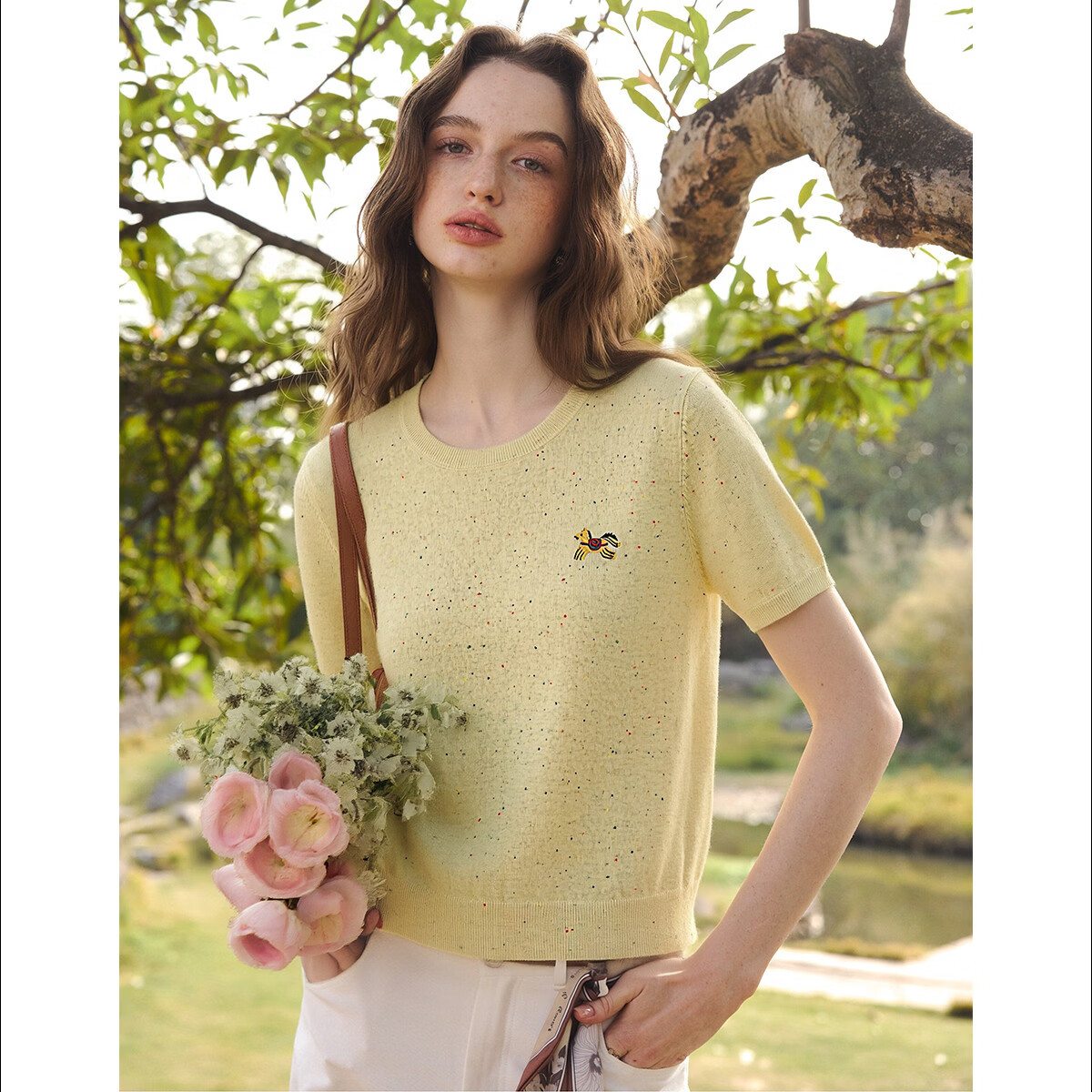 Olrain Casual Simple Color Dot Yarn Little Horse Embroidery Knit Pullover Women's Summer Top Yellow XL