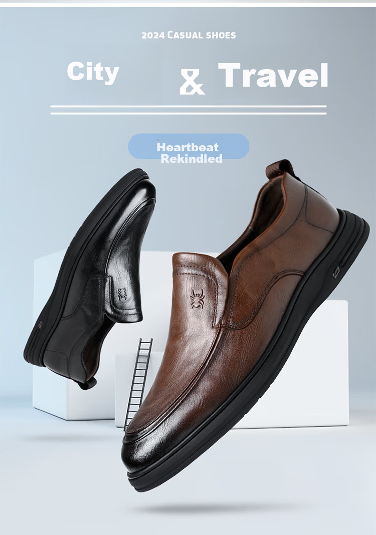 Spider King Men's Leather Shoes Spring Autumn Breathable Soft Sole Slip-On Casual Dad Shoes Black 38 2