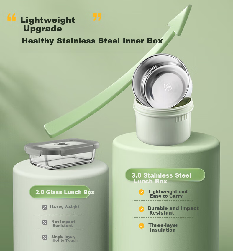 SUPOR 316L Stainless Steel Lunch Box Pot Two-Piece Set with Basil Green Lunch Bag for Students and Office Workers Outdoor Bento Box 7