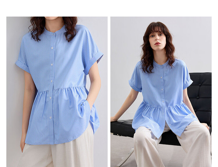 Demana Commuter Aesthetics Summer Refreshing Color-Block Striped Stand Collar Loose Fit Short Sleeve Shirt Women's Top 5