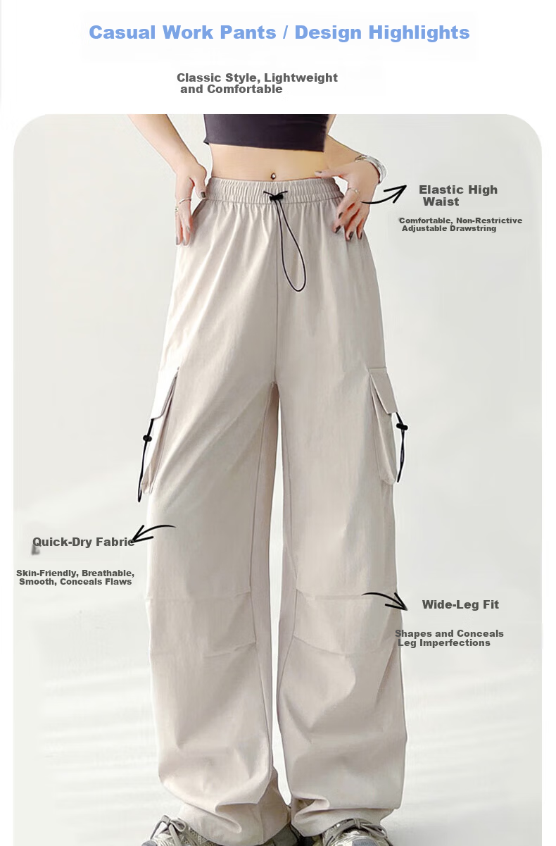 Langsha Women's Spring Summer Wide-Leg Cargo Pants American Style Hiking High-Waist Paratrooper Casual Street Dance Quick-Dry Sports Pants 9