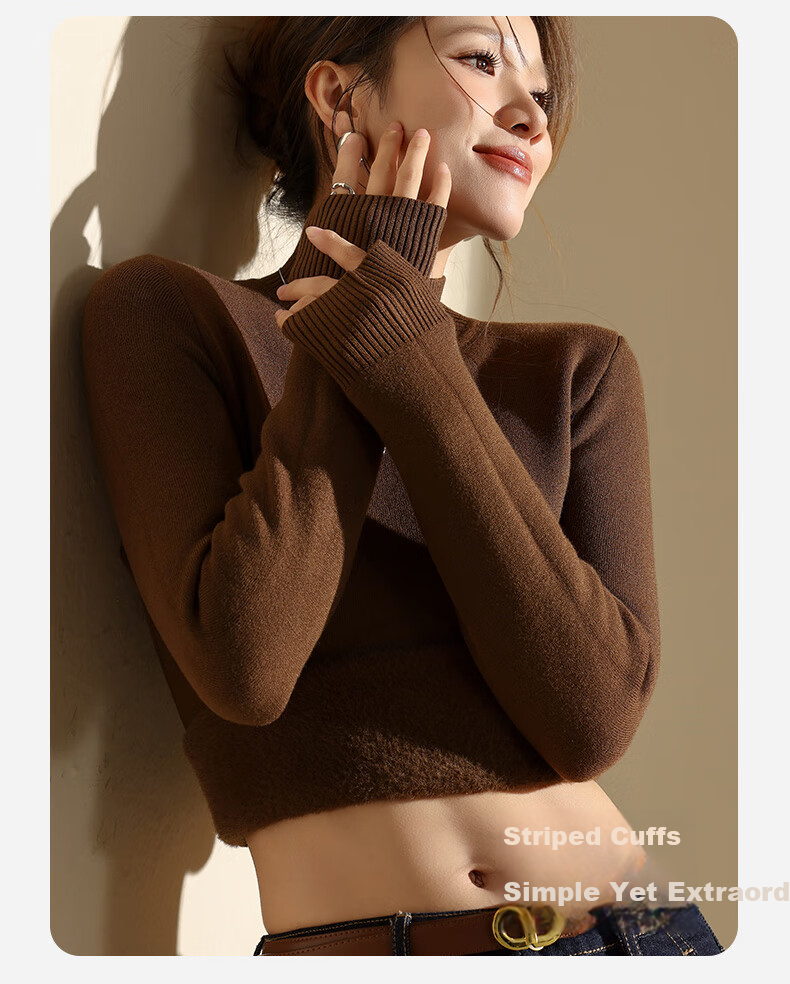 Miiow Women's Fleece-Lined Knitted Sweater Thickened Half Turtleneck Base Layer Integrated Fleece Knit Top 13
