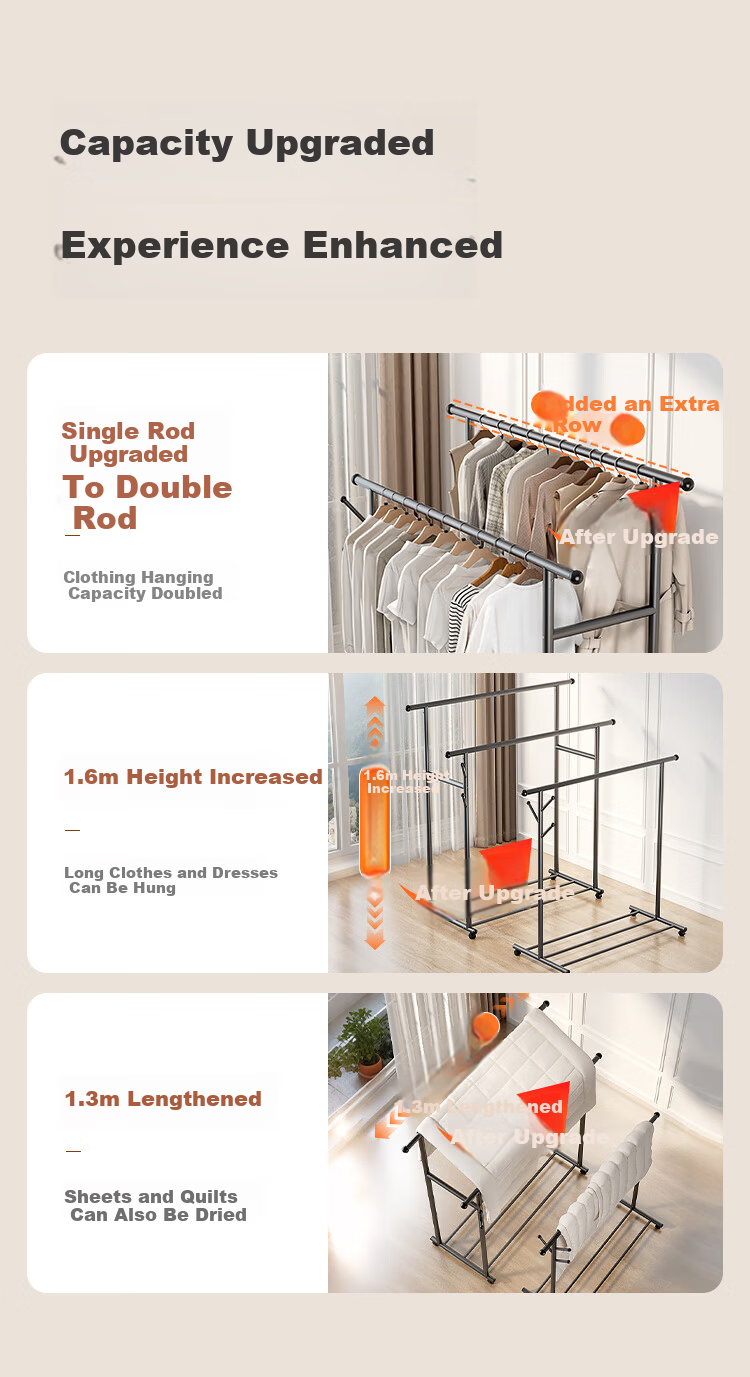 JD Jingzao Double Row Clothes Rack Mobile Floor Standing Clothes Hanger 1.3m Gun Gray for Bedroom and Balcony 3