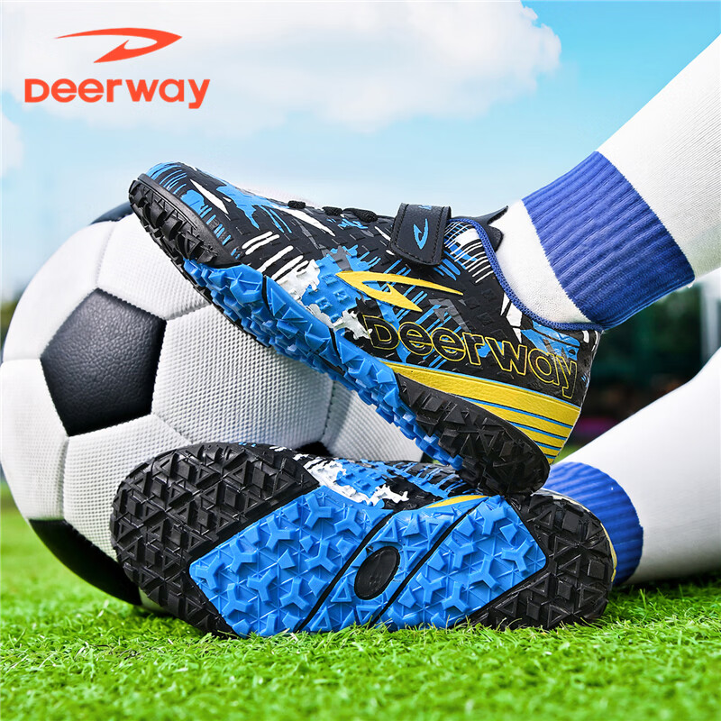 DEERWAY Kids Soccer Shoes TF Turf Studs Slip-On School Grass Football Training Black Blue Yellow Size 30 Age 6-12