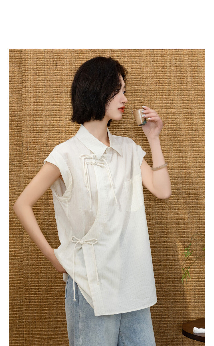 Demana [Cloud Oxygen Cotton] Summer National Style New Chinese Striped Frog Button Diagonal Collar Wide Sleeve Loose Slim Shirt for Women Premium Feel 11