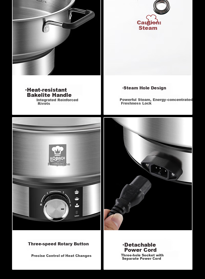 Kambach Small Electric Hot Pot 1-2 Person Non-Coated Stainless Steel Ultra-Fast Boiling Multi-Functional Household Electric Frying Pan 304 Hot Pot Steamer 24cm 16