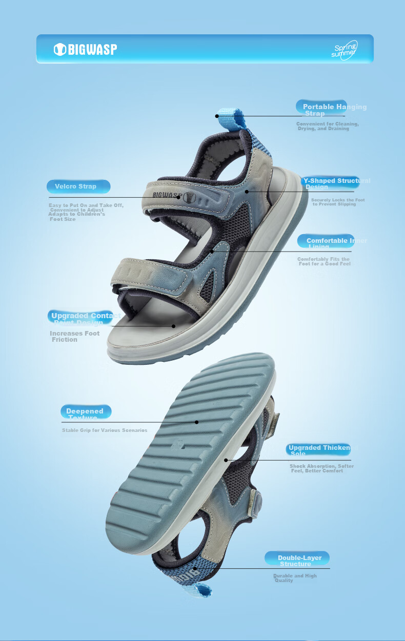 BIG WASP Boys' Summer Beach Sandals Open Toe Sandals D332523533 Gray Sky Blue Size 33 4