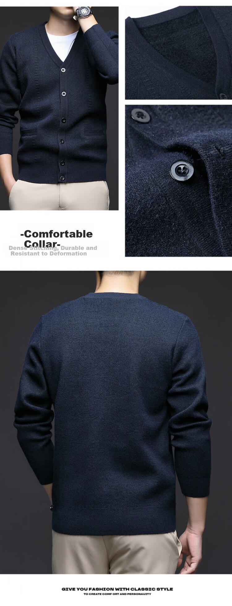 Hengyuanxiang Men's Knitted Cardigan Jacket Autumn Winter Middle-aged Solid Color Long Sleeve V-neck Button Sweater Light Camel L 12