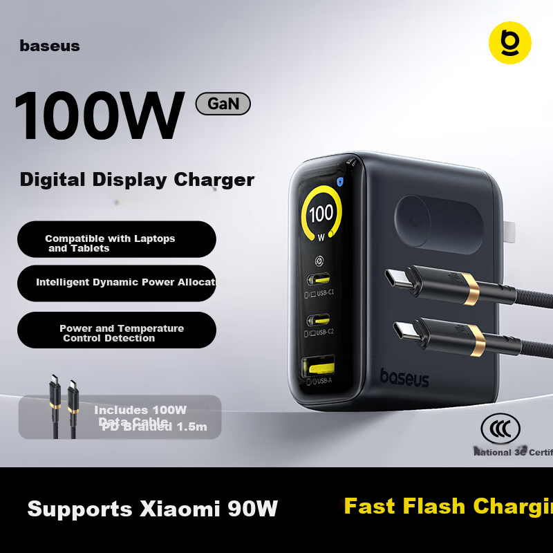 Baseus 100W GaN Charger Set with Screen Display Type-C Multi-Port PD Charger for Laptop Tablet Apple iPhone 17 Series Xiaomi 90W Black Plug