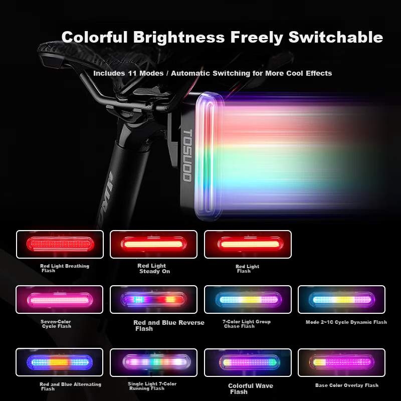 Captain Tas Waterproof Rechargeable Bicycle Tail Light RGB Mountain Road Night Riding High Brightness Brake Sensor Warning Light