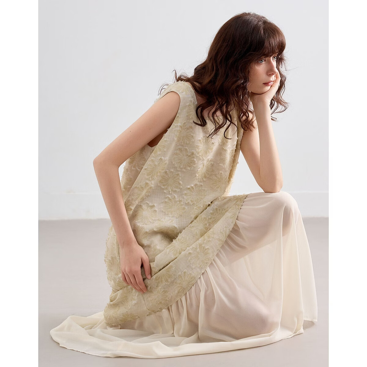 Demana Summer Faux Two-Piece Spliced Chiffon Lightweight Loose Sleeveless A-Line Mid-Length Dress with Cutwork and Print