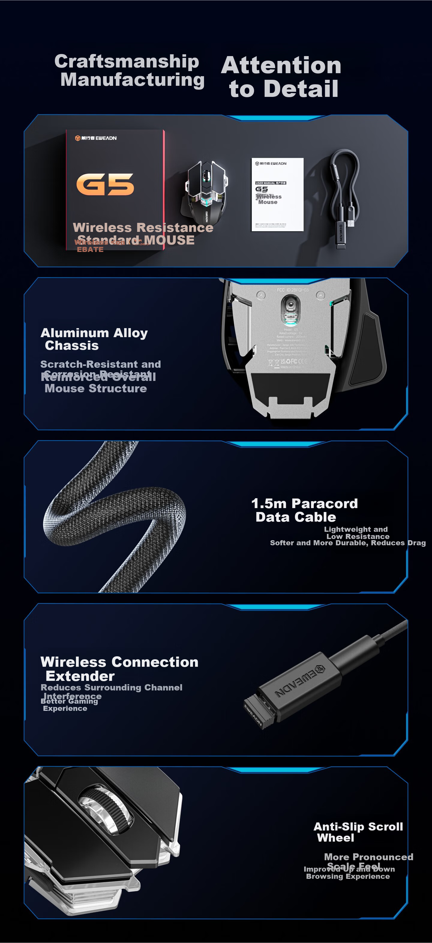 EWEADN G5 Tri-Mode Wired Wireless Bluetooth Gaming Mouse Macro Programmable Portable PAW3311 1K Report Rate Desktop Computer Large Hand Special 11