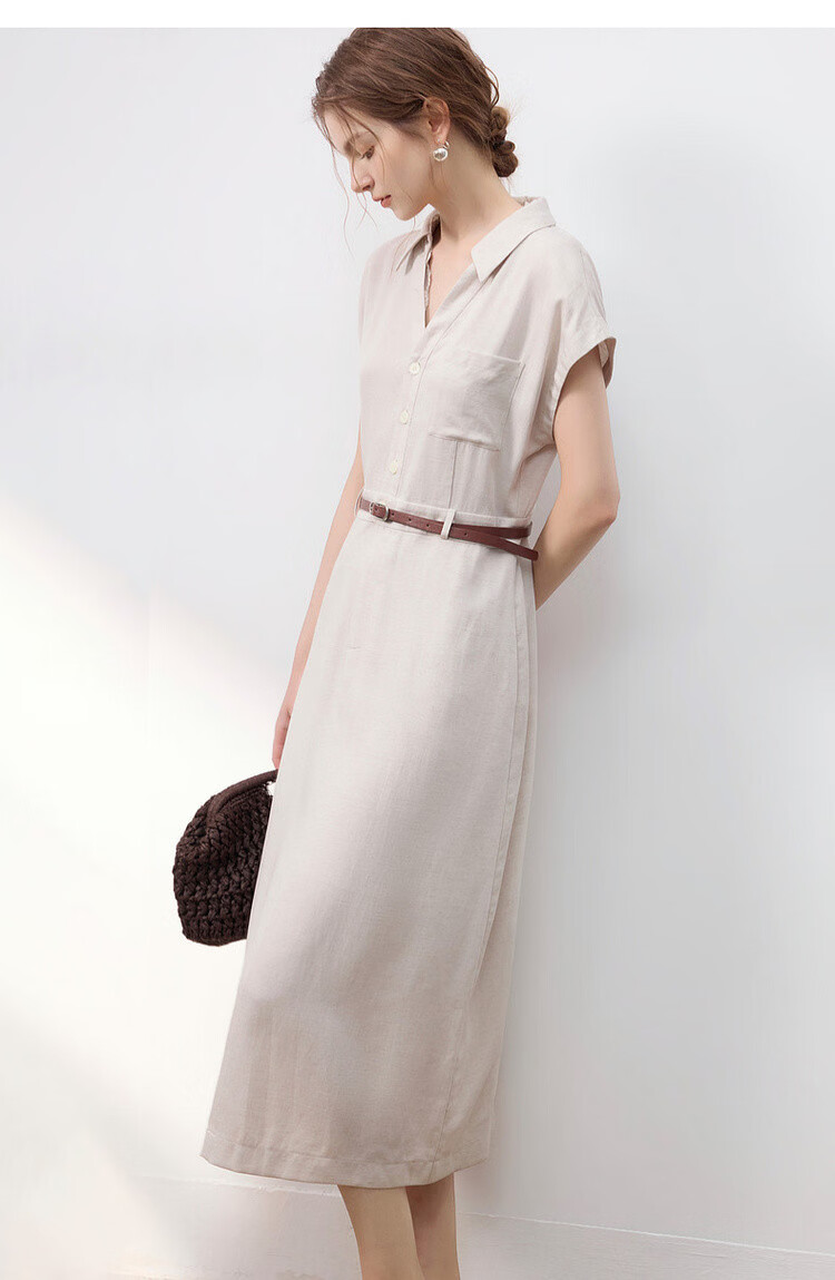 Demana Summer Elegant Lace Splice V-Neck Waist-Slimming Slit Mid-Length Dress with Natural Linen 19