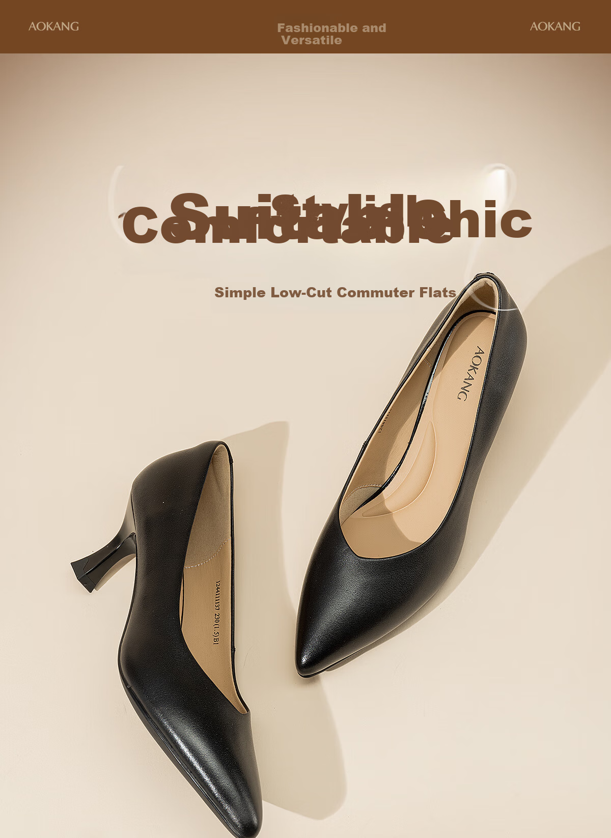 Aokang Official Women's Leather High Heels, Black Thin Heel Professional Work Shoes, OL Pointed Toe Low-Cut Pumps, Size 35 1