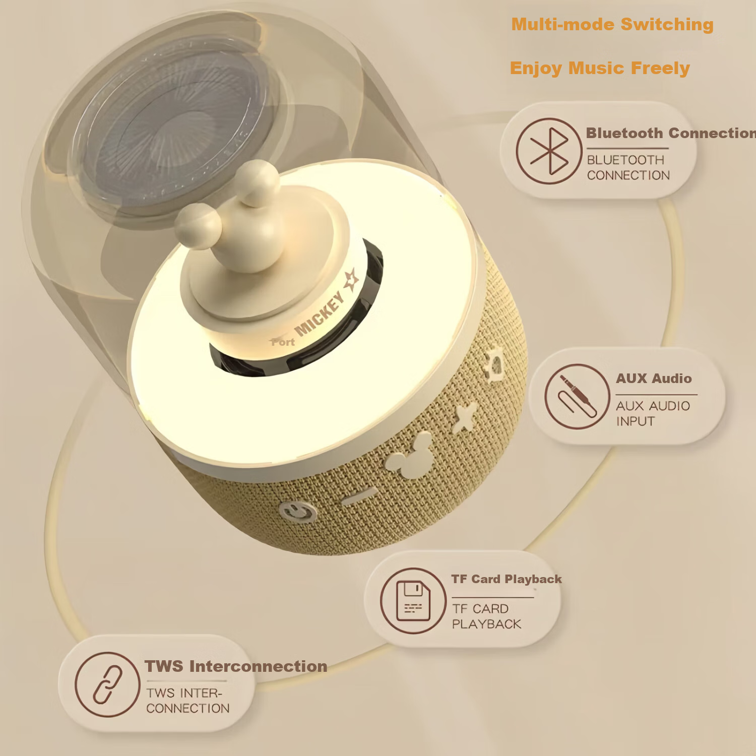 Disney Bluetooth Speaker Smart Voice Ambient Light High-Quality Compact Desktop Speaker for Men Women Girls Best Friends 520 Valentine's Day Birthday Gift Premium Niche Practical S6 Khaki
