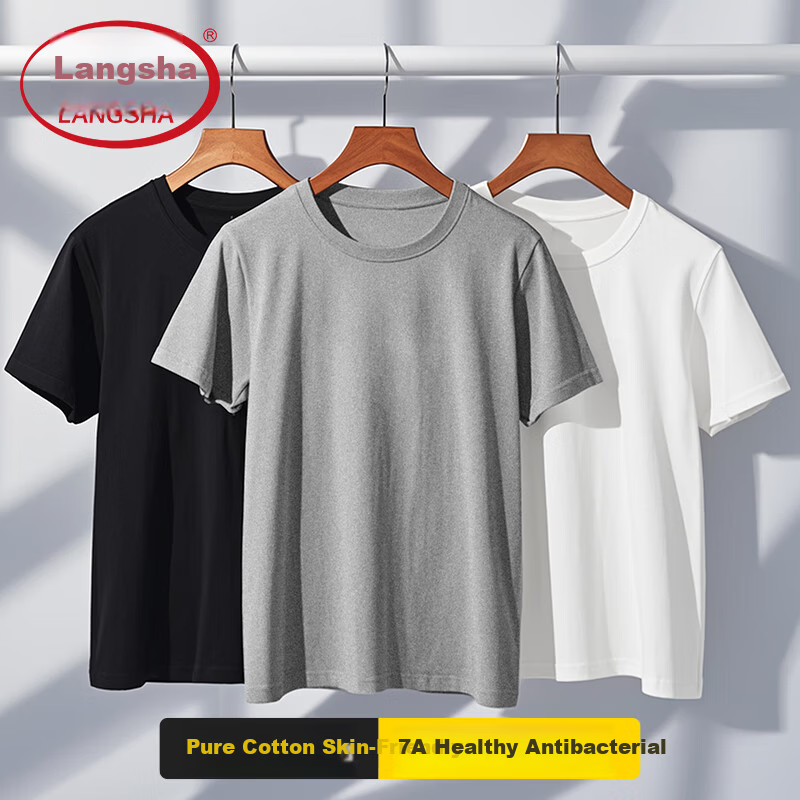 LangSha Men's Short Sleeve Pure Cotton Antibacterial Thin T-Shirt Black