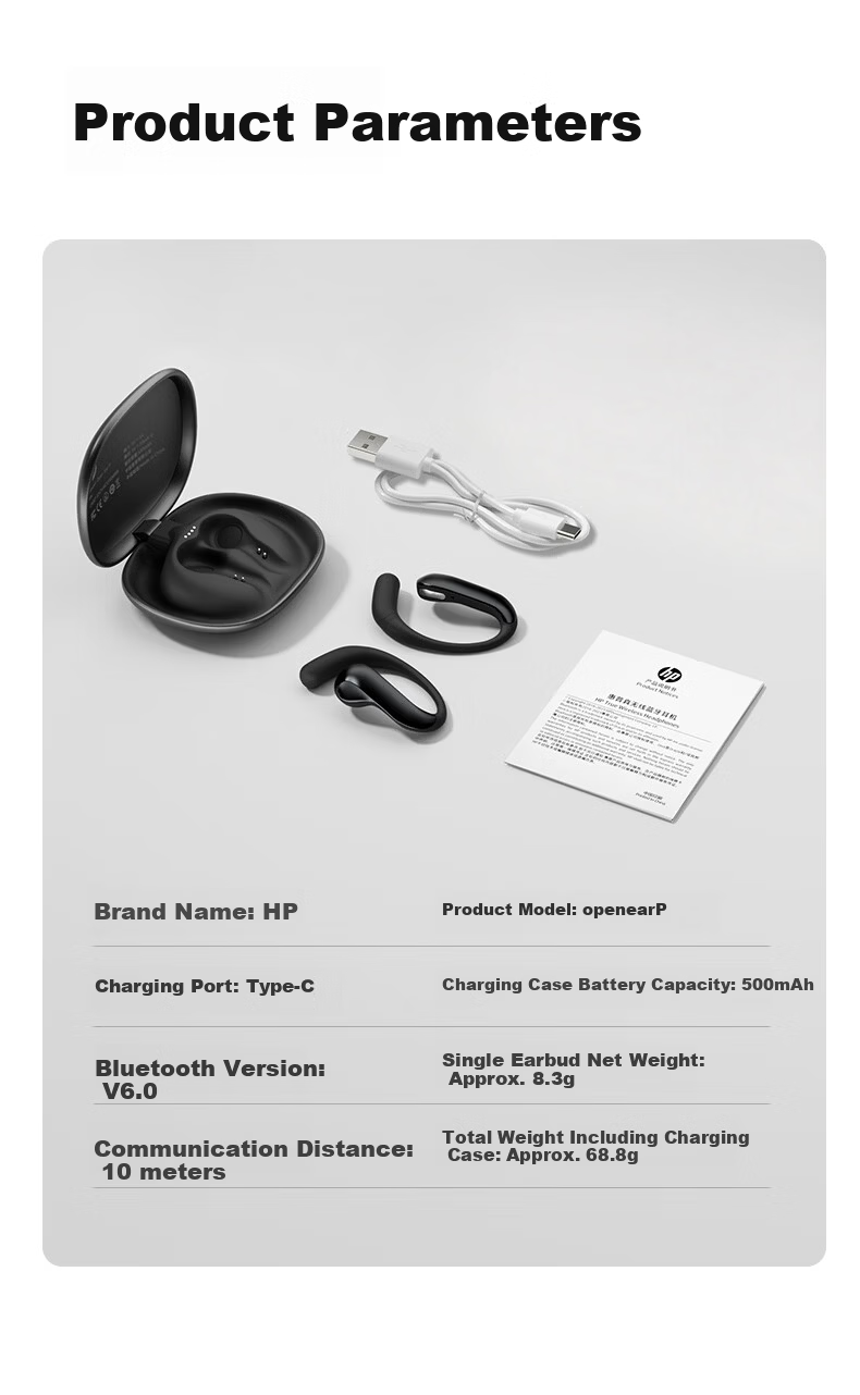 HP Open Ear S Sports Bluetooth Earphones Ear-Hook Running Waterproof Bone Conduction Long Battery Life Bluetooth 6.0 Gaming Music Android Apple Universal Night Black 14