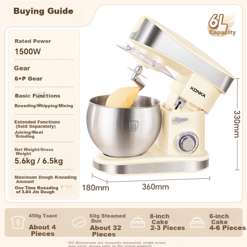 KONKA 1500W Multifunctional Kitchen Machine Dough Mixer 6L Food Processor Juicer Meat Grinder KM-995