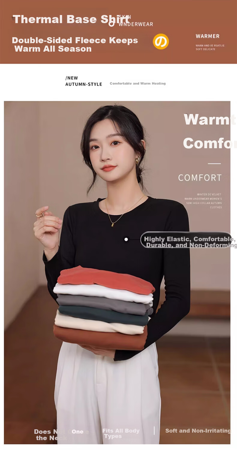 LangSha Round Neck Base Layer for Women, Fall/Winter 2025 New Thickened Ribbed Fleece, 7A Antibacterial Anti-Mite Long Sleeve Slim-Fit Inner Top 2