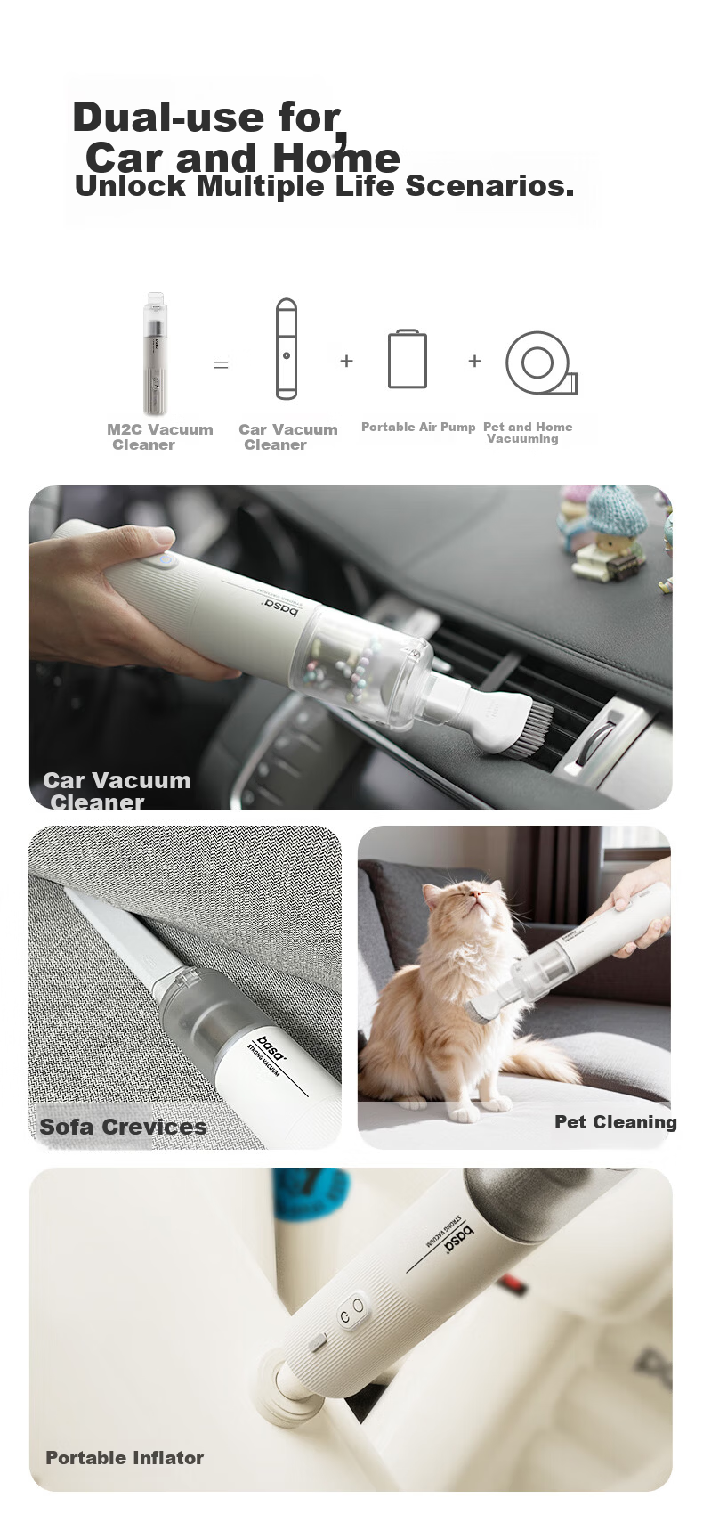 BASA Car Vacuum Cleaner Handheld Small Wireless High Suction Powerful Blower Vacuum All-in-One Automotive Home Desktop Cleaning Multifunction High Power Long Battery Life 8000Pa 5