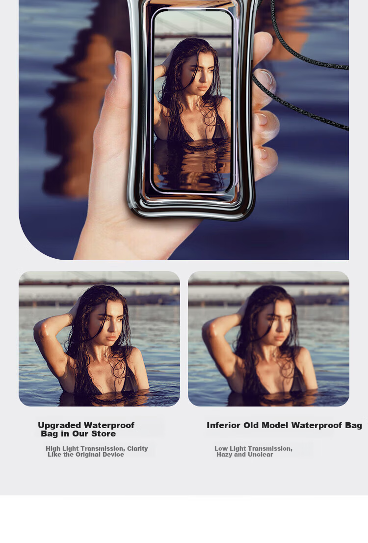 Beiyipin Transparent Waterproof Phone Pouch Touchscreen Swimming Beach Floating Water Park Sealed Lanyard Airbag Phone Case Neck Hanging Waterproof Rainproof Hot Spring Deep Diving Sealed Bag 17