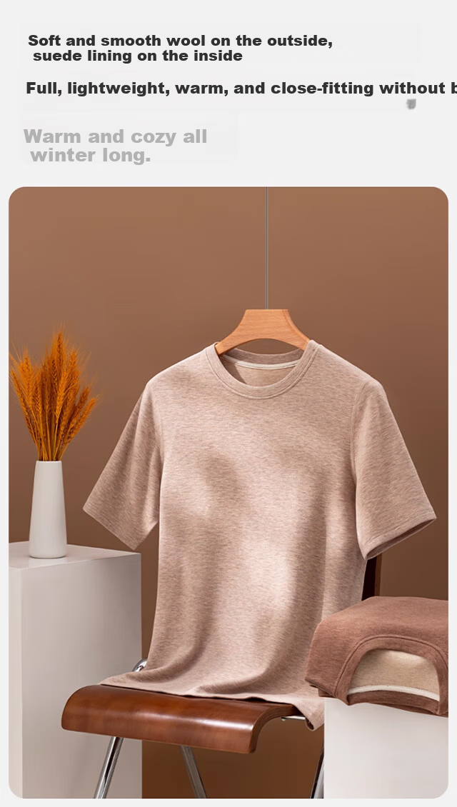 XUEXIMAN Men's Thermal Underwear Autumn Winter Wool Silk Tencel Short Sleeve T-Shirt Warm Base Layer Top 4