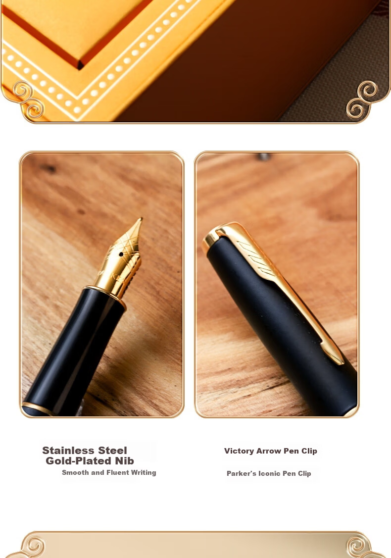 PARKER Premium Fountain Pen Luxury Business Gift Birthday Present Elegant Matte Black Gold Clip Ink Pen + Tea Scent Ink Gift Box (Yellow) 5