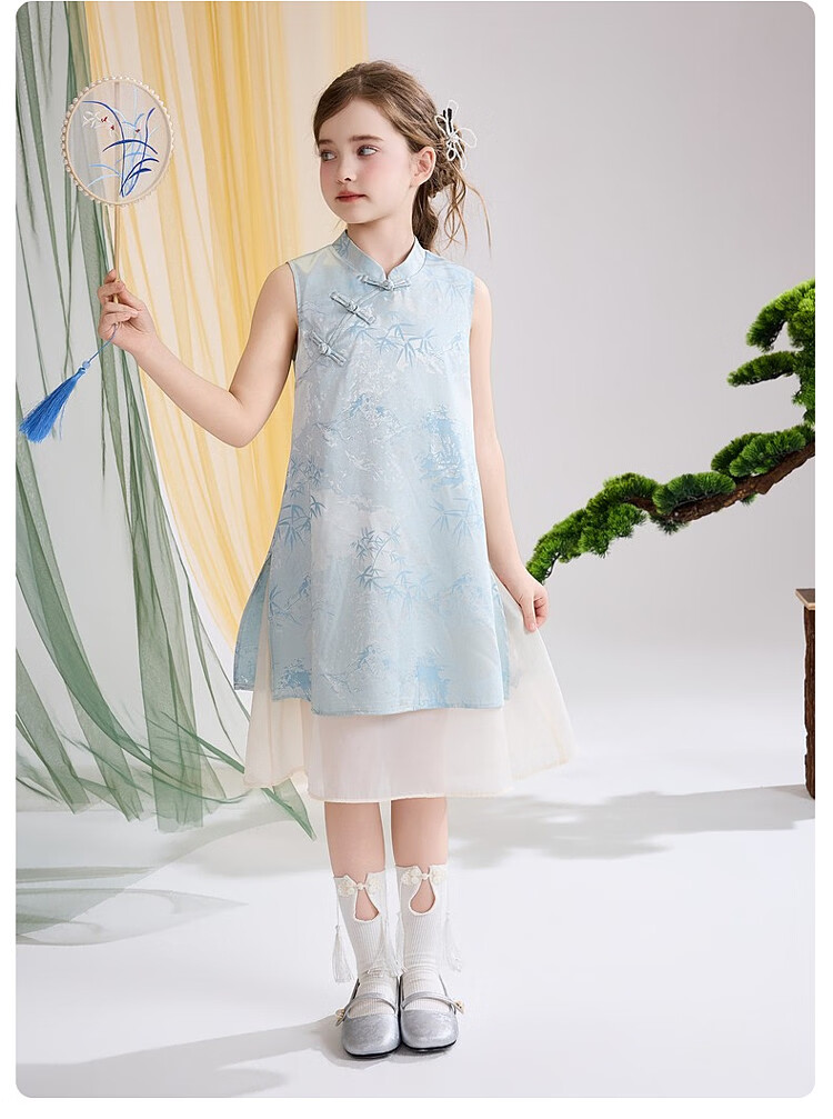 ASK JUNIOR Chinese Style New Mid-Summer Girls' Dress Large Kids Two-Piece Illusion Mesh Dress 14