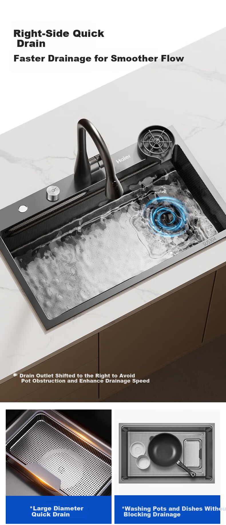 Haier 304 Stainless Steel Sink Textured Thickened Large Single Bowl 68x45 Vegetable Washing Basin with Pull-out Faucet H08 14