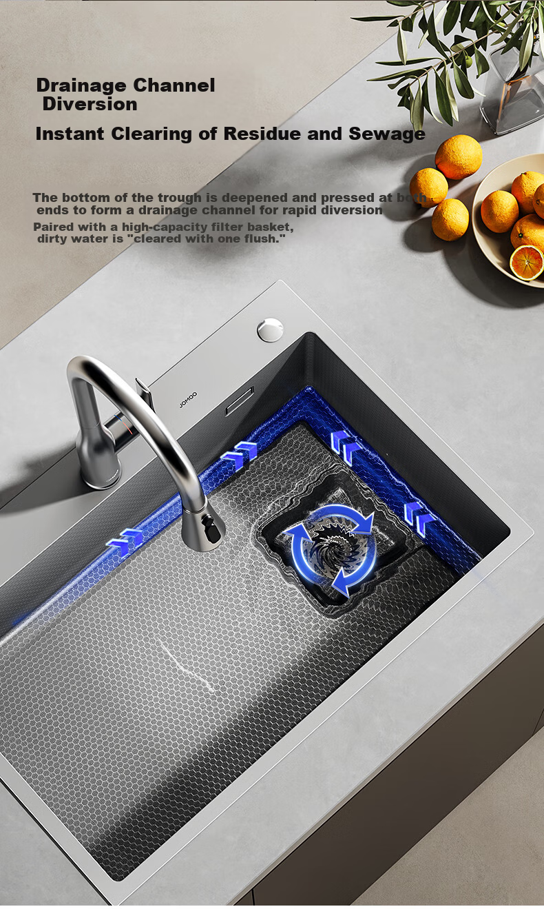 JOMOO Stainless Steel Gunmetal Textured Handmade Kitchen Sink Single Bowl 70x48cm with Faucet Model 02376 12